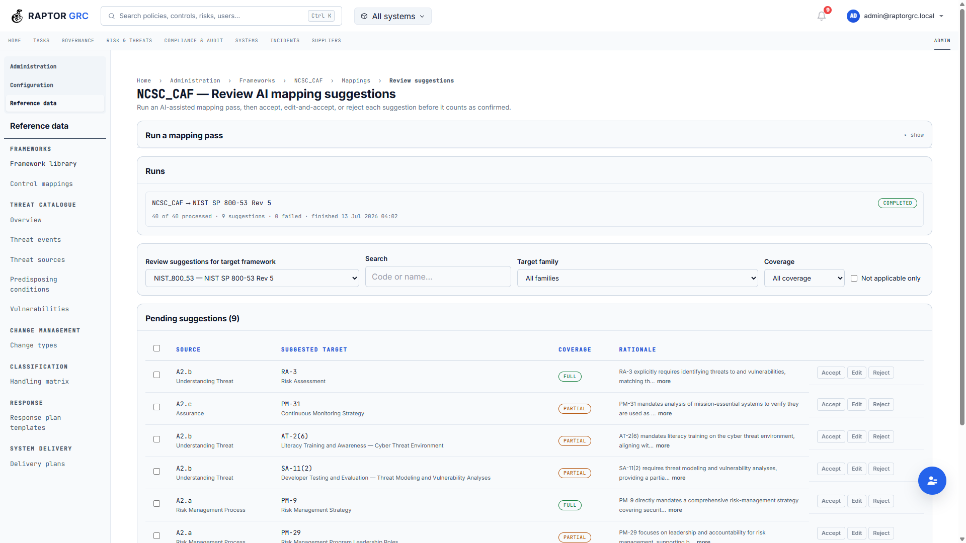 AI mapping suggestions under review, with full or partial coverage and a rationale for each, and accept, edit and reject actions