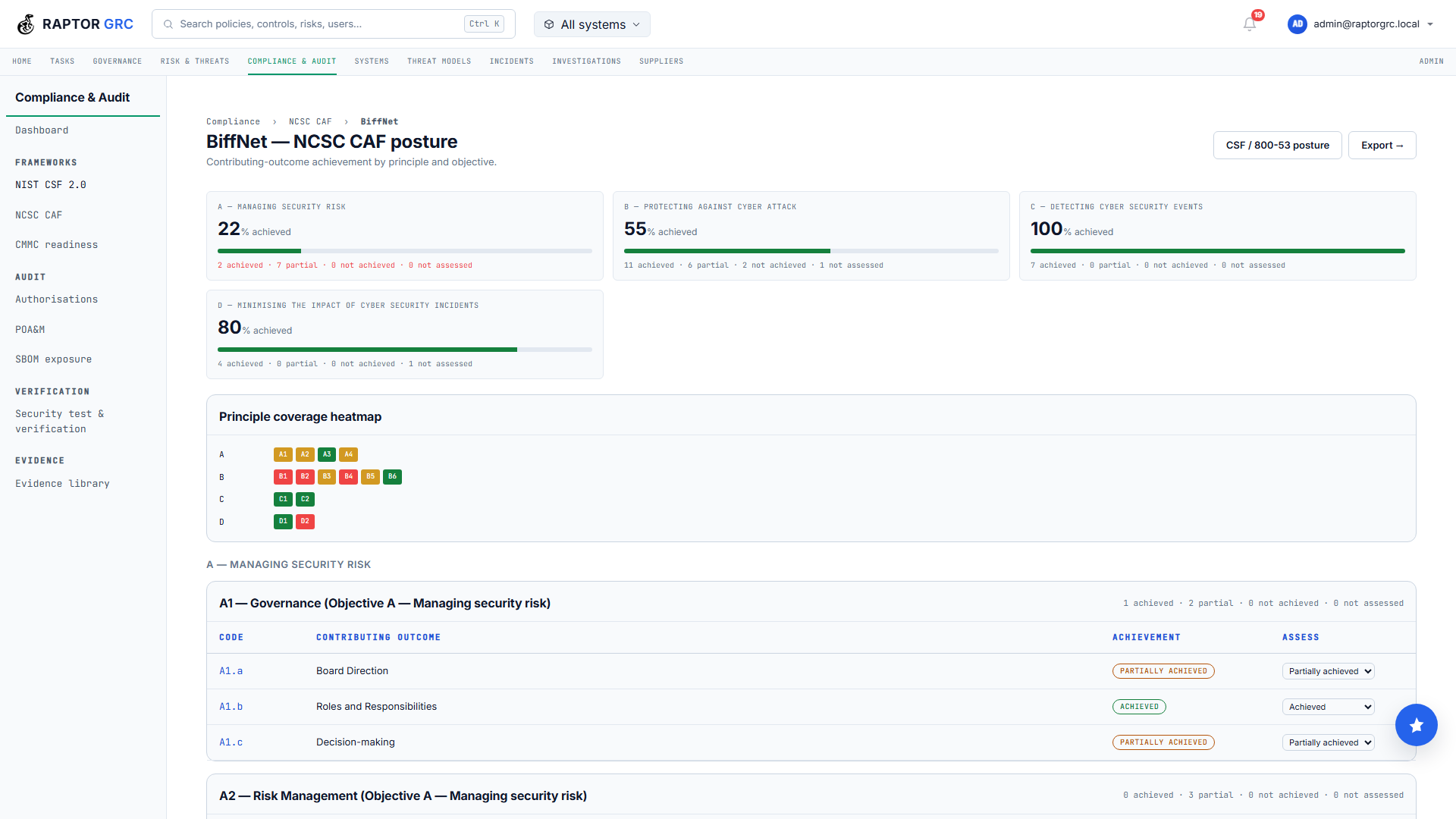 NCSC CAF posture dashboard with objective scorecards, principle coverage heatmap and per-outcome assessment