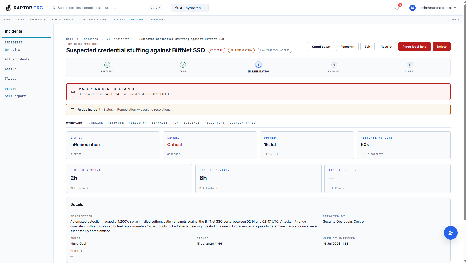 Major incident with named commander, status stepper, response actions and MTT timers