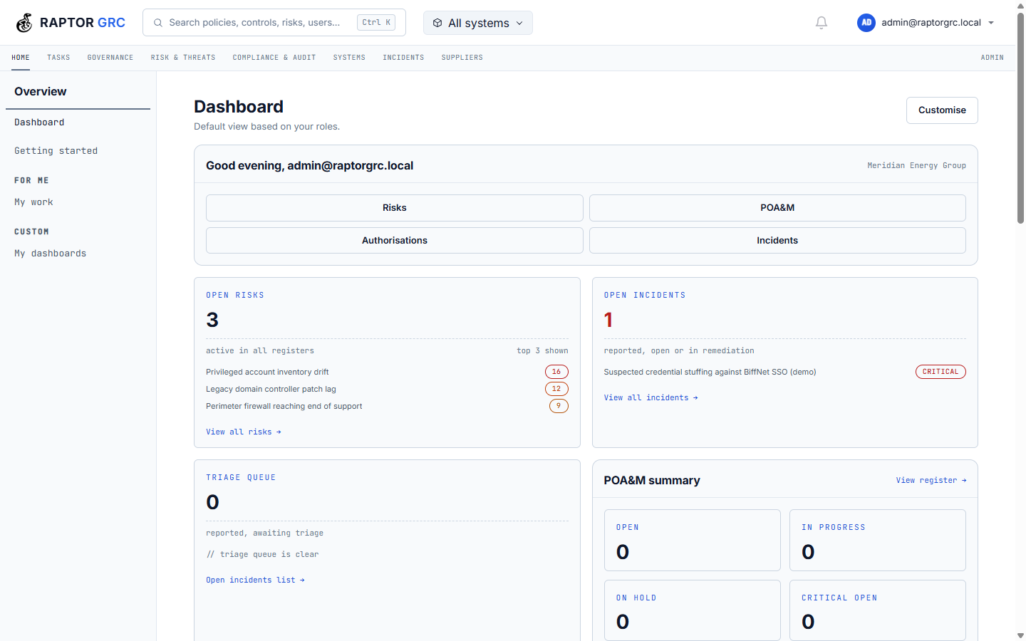 Command centre dashboard with risk, compliance and incident overview
