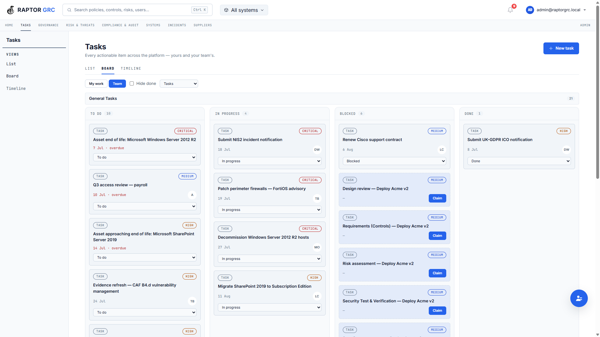 Kanban task board with to-do, in-progress, blocked and done columns and claimable role-pool tasks