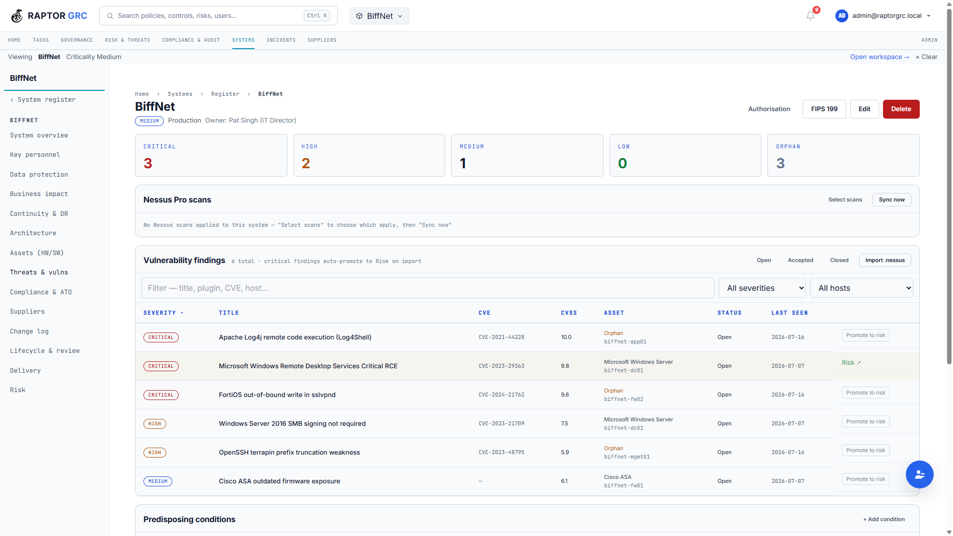 Vulnerability findings with severity tiles, CVE and CVSS detail and promote-to-risk actions