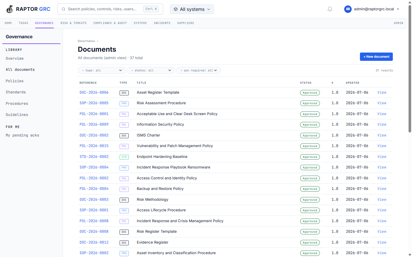 Governance document library — policies, standards and procedures with approval status